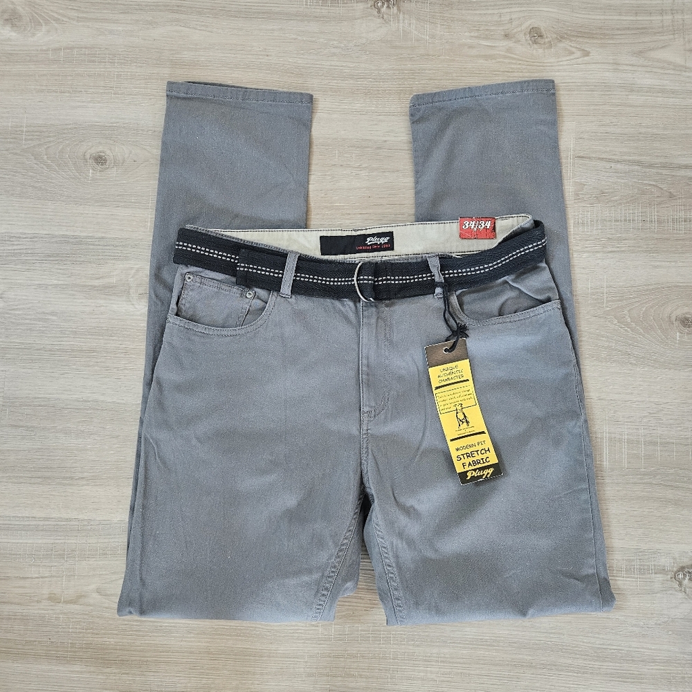 Plugg Pants Men Size 34 x 34 Gray Modern Fit Stretch Fabric Cotton Blend NWT